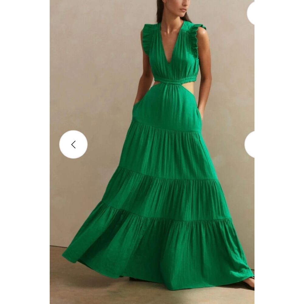 ME+EM Emerald Green Maxi Dress with V-Neck and Cutout Waist - Picture 2 of 16